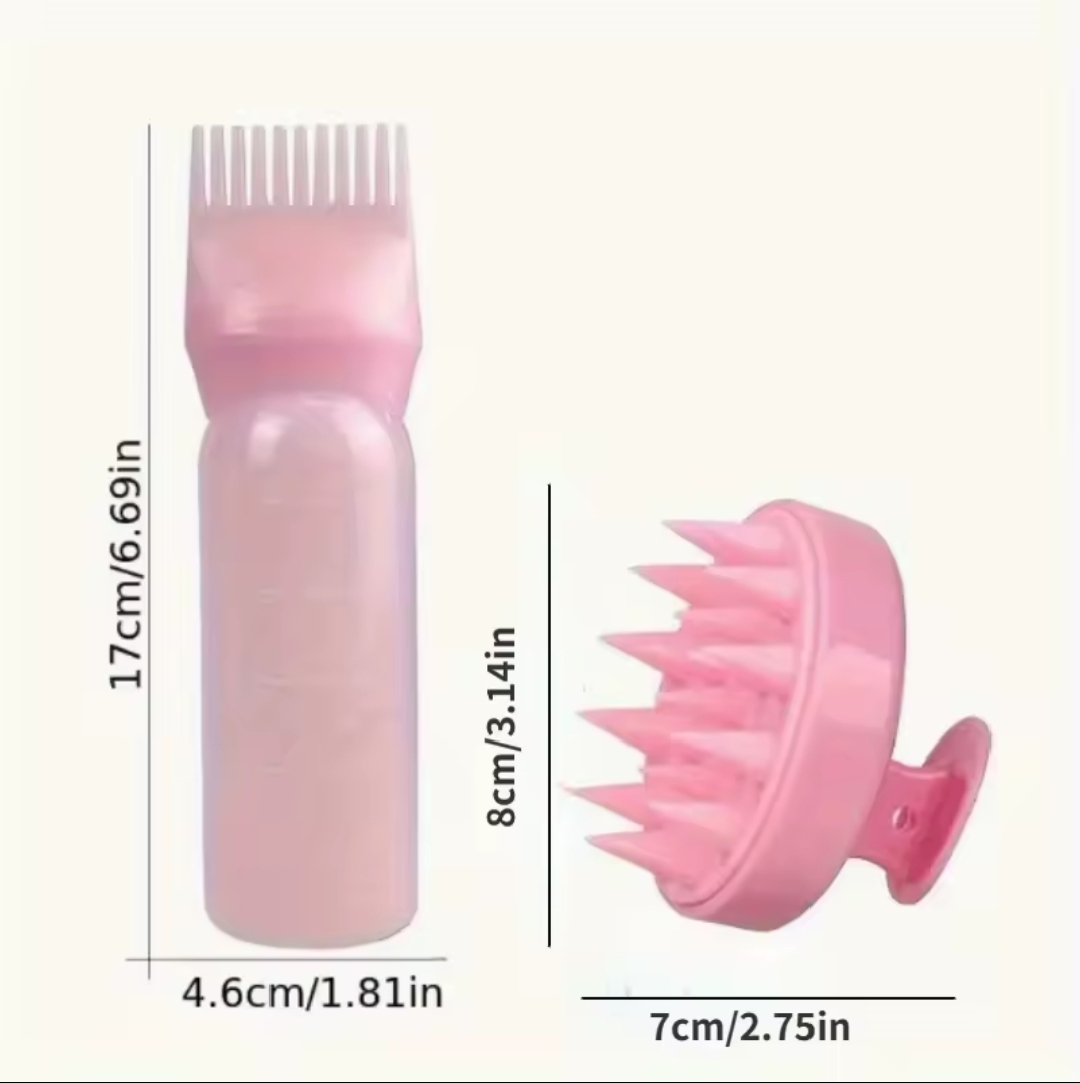 A TWO PIESE SET/ SILICONE.A PPLICATOR BOTTLE AND A SILICONE SCALP MASSAGER FOR HOME AND SALON USE.APPLICATOR SHAMPOO BRUSH HAIR STYLING TOOL