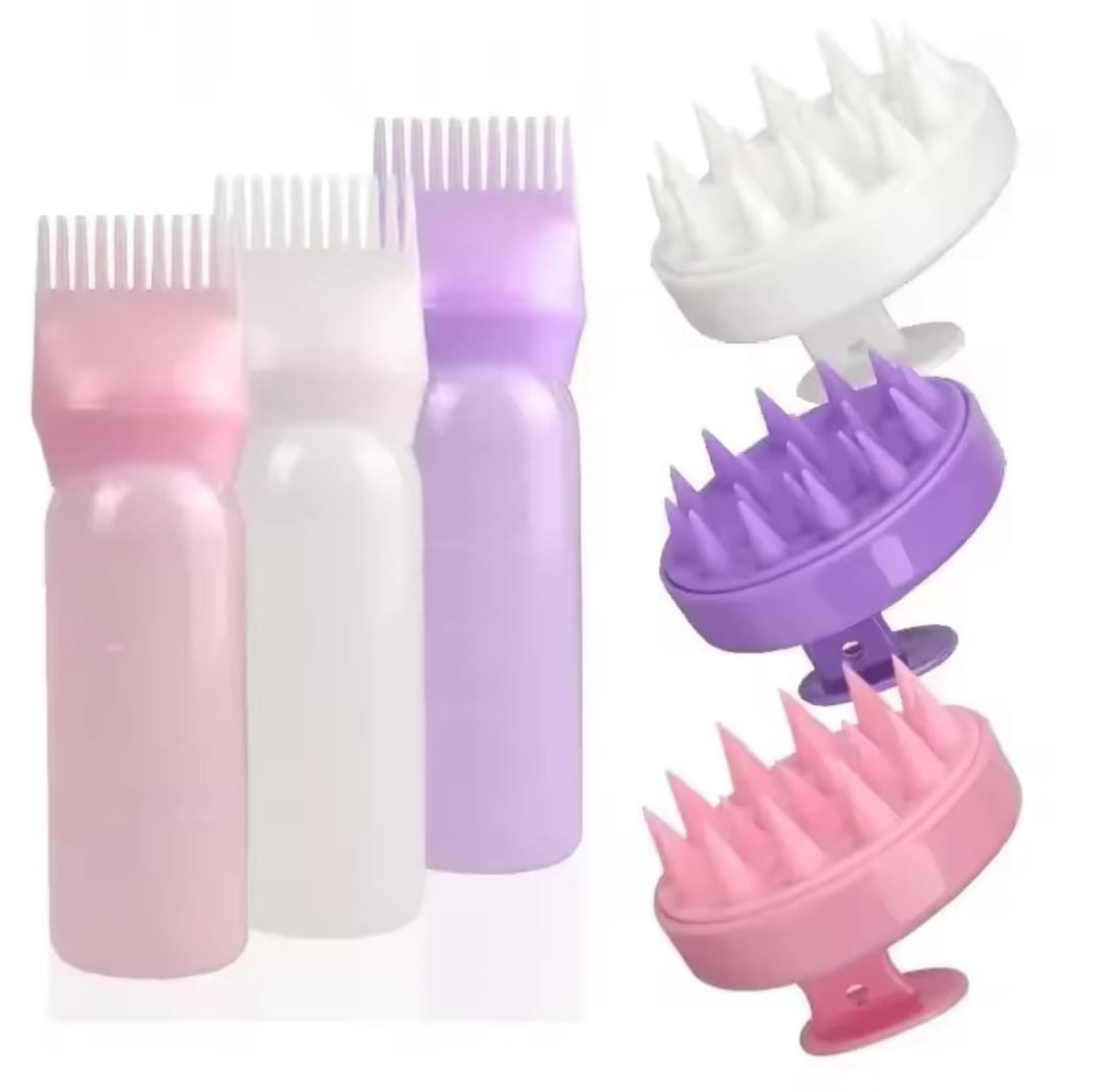 A TWO PIESE SET/ SILICONE.A PPLICATOR BOTTLE AND A SILICONE SCALP MASSAGER FOR HOME AND SALON USE.APPLICATOR SHAMPOO BRUSH HAIR STYLING TOOL