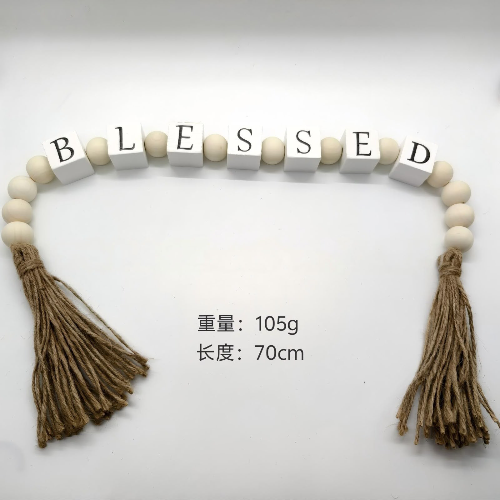 25mm Square Bead + 20mm Natural-Color Bead + 12cm Tassels  60cm  ( HOME)(BLESSED)(LOVE)(FAMILY)