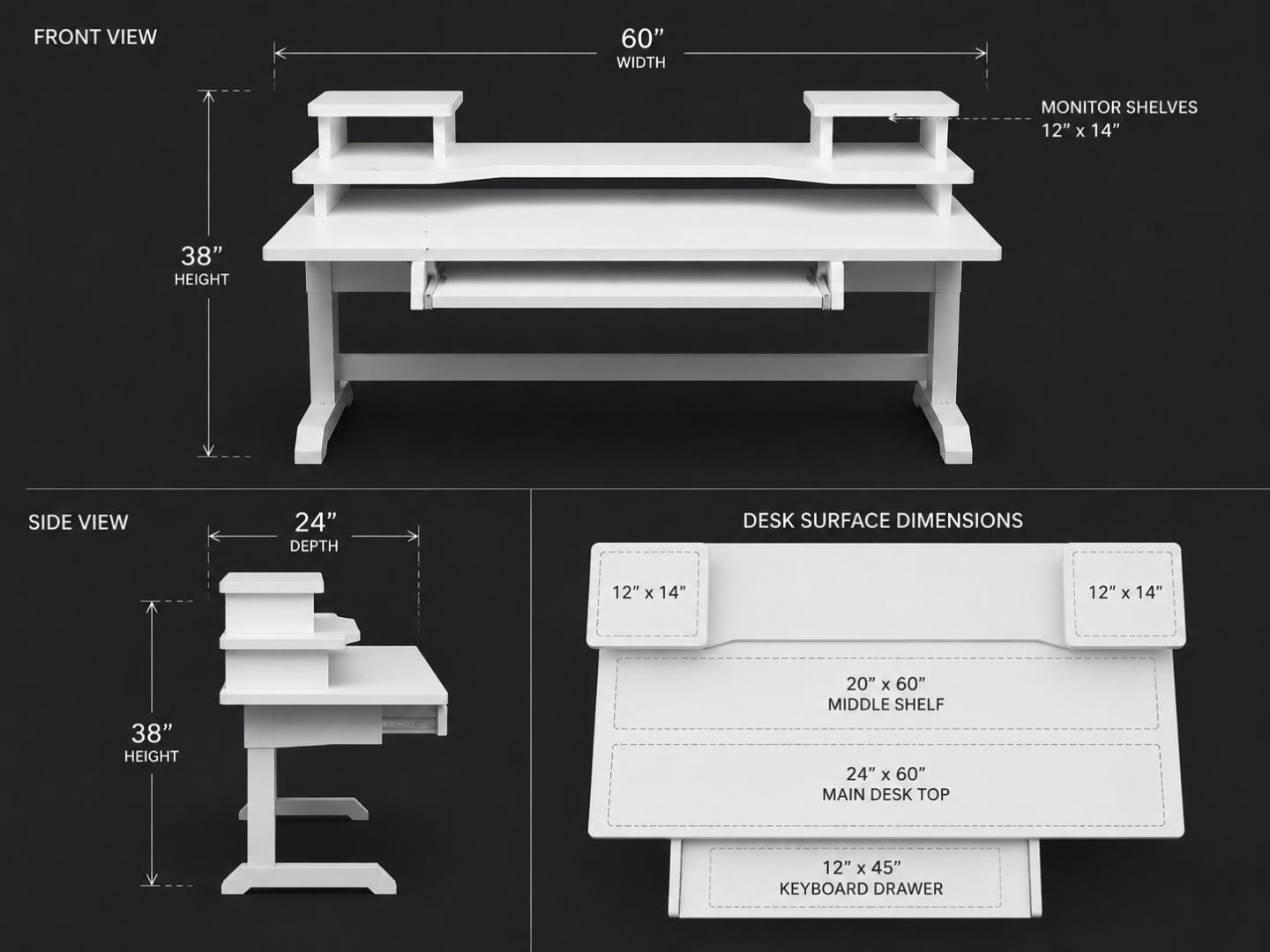 Studio Workstation Desk with sliding midi keyboard drawer, fits up to 61keys midi keyboard