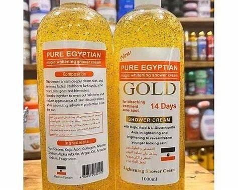 Pure Egyptian Gold Whitening Shower Cream Gel 1000ml Kojic Acid Glutathione Exfoliating Body Wash for Clean Soft Smooth Radiant Looking Skin Daily Bath and Shower Care