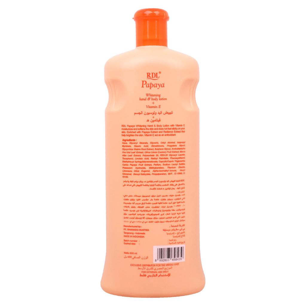 RDL Papaya Extract Hand & Body Lotion 600ml Original – Moisturizing Body Lotion with Papaya Extract for Dry Skin, Uneven Looking Skin Tone, Soft Smooth Radiant Skin, Daily Body Care