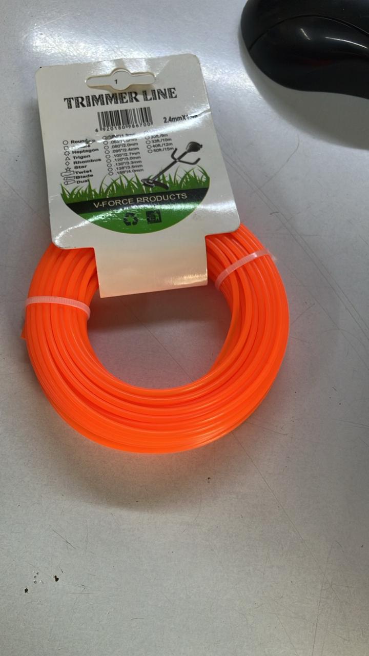 V-Force 2.4mm Grass Trimmer Line 15m Orange Nylon Cord Heavy Duty Brush Cutter Lawn Mower Weed Eater Replacement String Cable Garden Yard Grass Cutting Trimming Wire