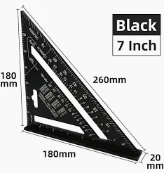 Generic 7 Inch Aluminum Alloy Speed Square Carpenter Triangle Ruler Layout Tool Framing Rafter Square Measuring Instrument Angle Protractor Saw Guide Accessory for Woodworking Carpentry Black Square