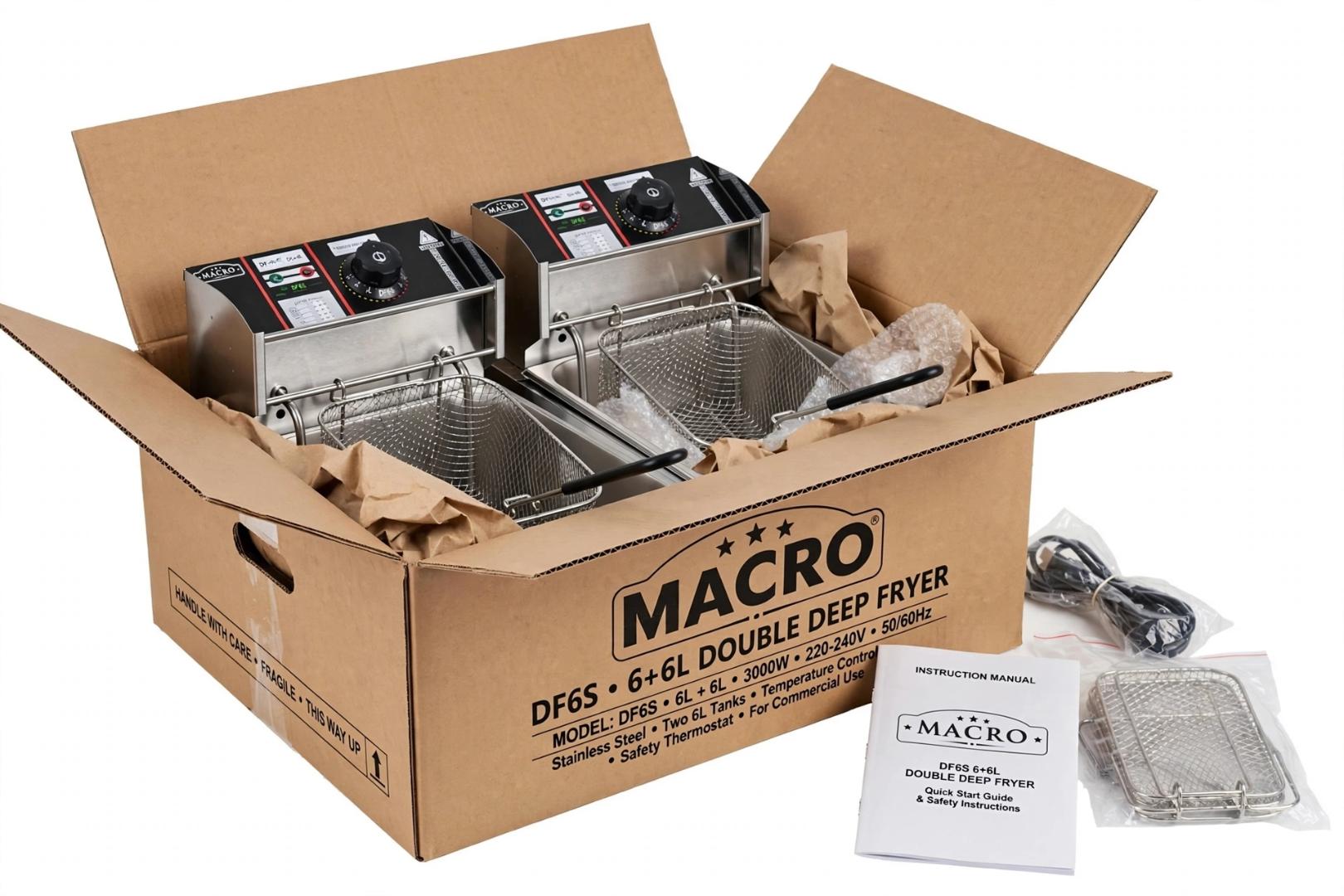 MACRO DF6S 12L (6L+6L) Heavy Duty Food-Grade Stainless Steel Silver Double Tank Deep Fryer with Dual Baskets and Independent Temperature Control for Commercial and Home Use Frying Chips, Chicken, Fish