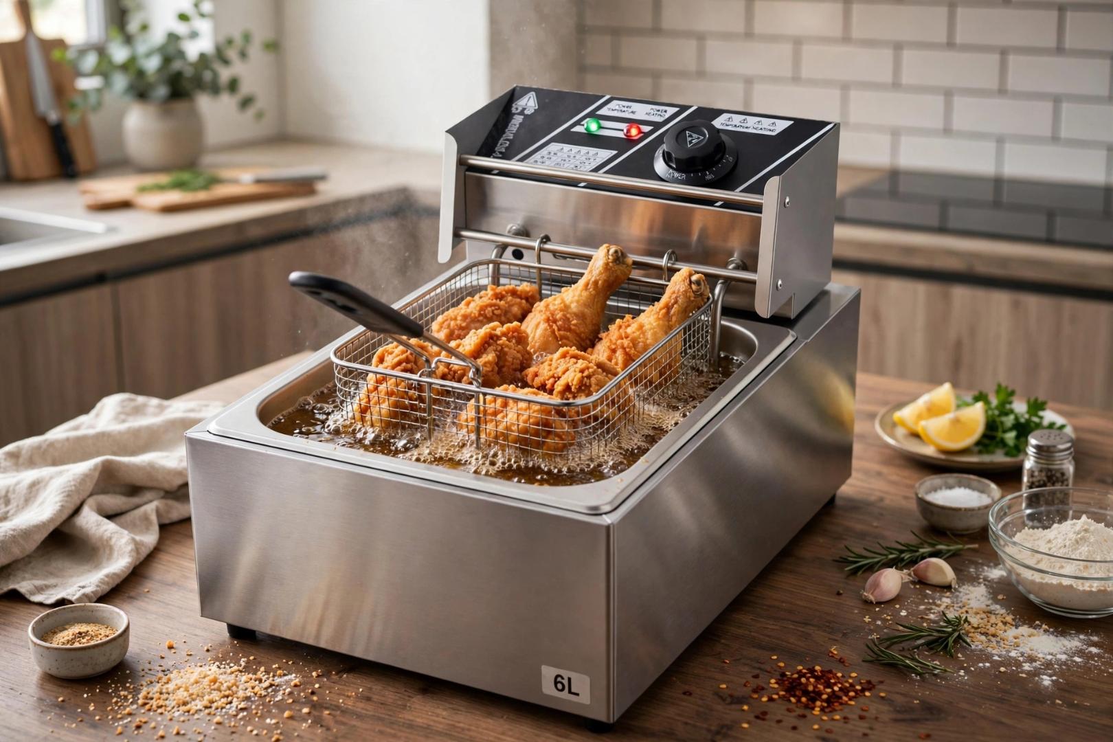 MACRO TF6S 6L Silver Heavy-Duty Food-Grade Stainless Steel Single Tank Electric Deep Fryer with Stainless Steel Basket and Adjustable Temperature Control for Commercial and Home Frying of Chips, Chick