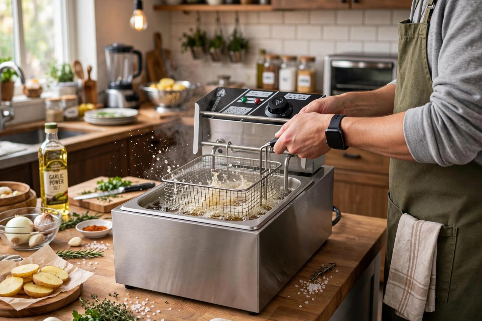 MACRO TF6S 6L Silver Heavy-Duty Food-Grade Stainless Steel Single Tank Electric Deep Fryer with Stainless Steel Basket and Adjustable Temperature Control for Commercial and Home Frying of Chips, Chick