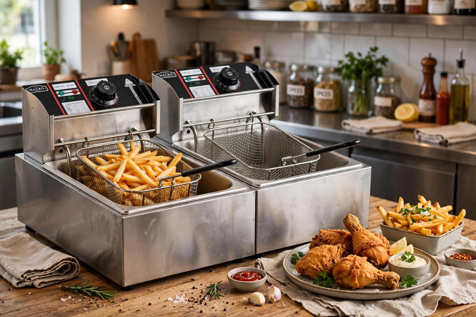 MACRO DF6S 12L (6L+6L) Heavy Duty Food-Grade Stainless Steel Silver Double Tank Deep Fryer with Dual Baskets and Independent Temperature Control for Commercial and Home Use Frying Chips, Chicken, Fish