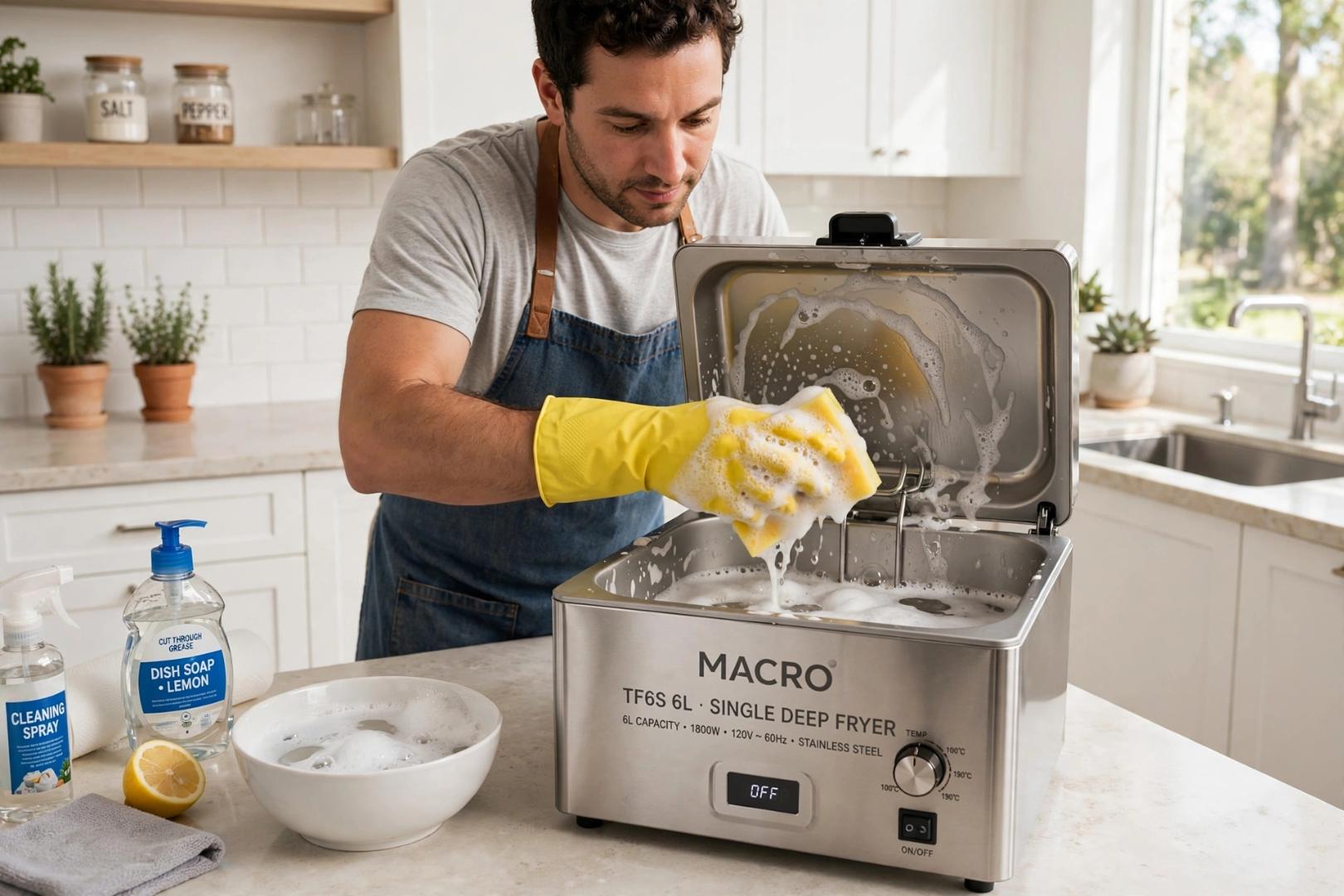 MACRO TF6S 6L Silver Heavy-Duty Food-Grade Stainless Steel Single Tank Electric Deep Fryer with Stainless Steel Basket and Adjustable Temperature Control for Commercial and Home Frying of Chips, Chick