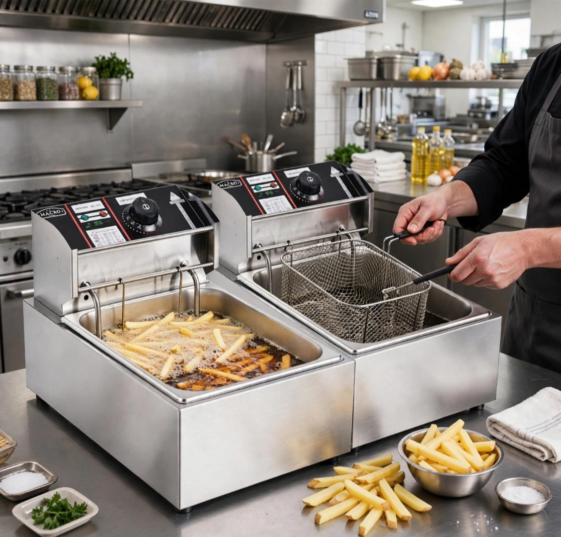 MACRO DF6S 12L (6L+6L) Heavy Duty Food-Grade Stainless Steel Silver Double Tank Deep Fryer with Dual Baskets and Independent Temperature Control for Commercial and Home Use Frying Chips, Chicken, Fish
