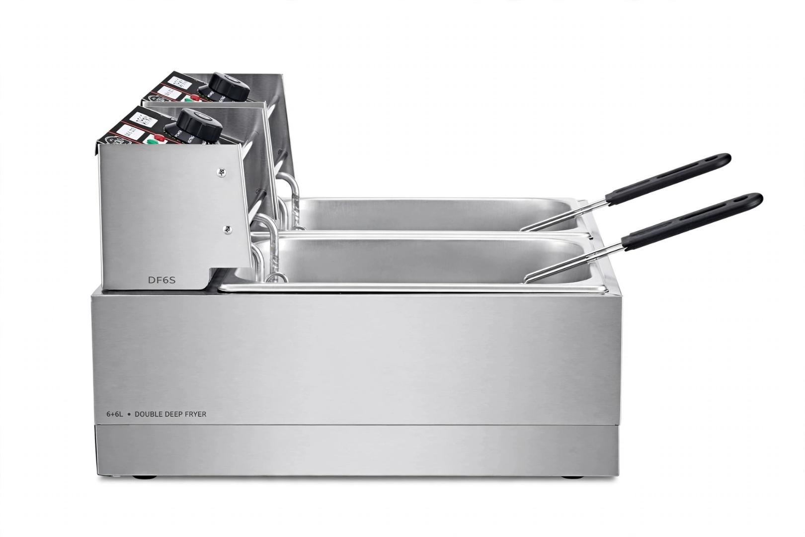 MACRO DF6S 12L (6L+6L) Heavy Duty Food-Grade Stainless Steel Silver Double Tank Deep Fryer with Dual Baskets and Independent Temperature Control for Commercial and Home Use Frying Chips, Chicken, Fish