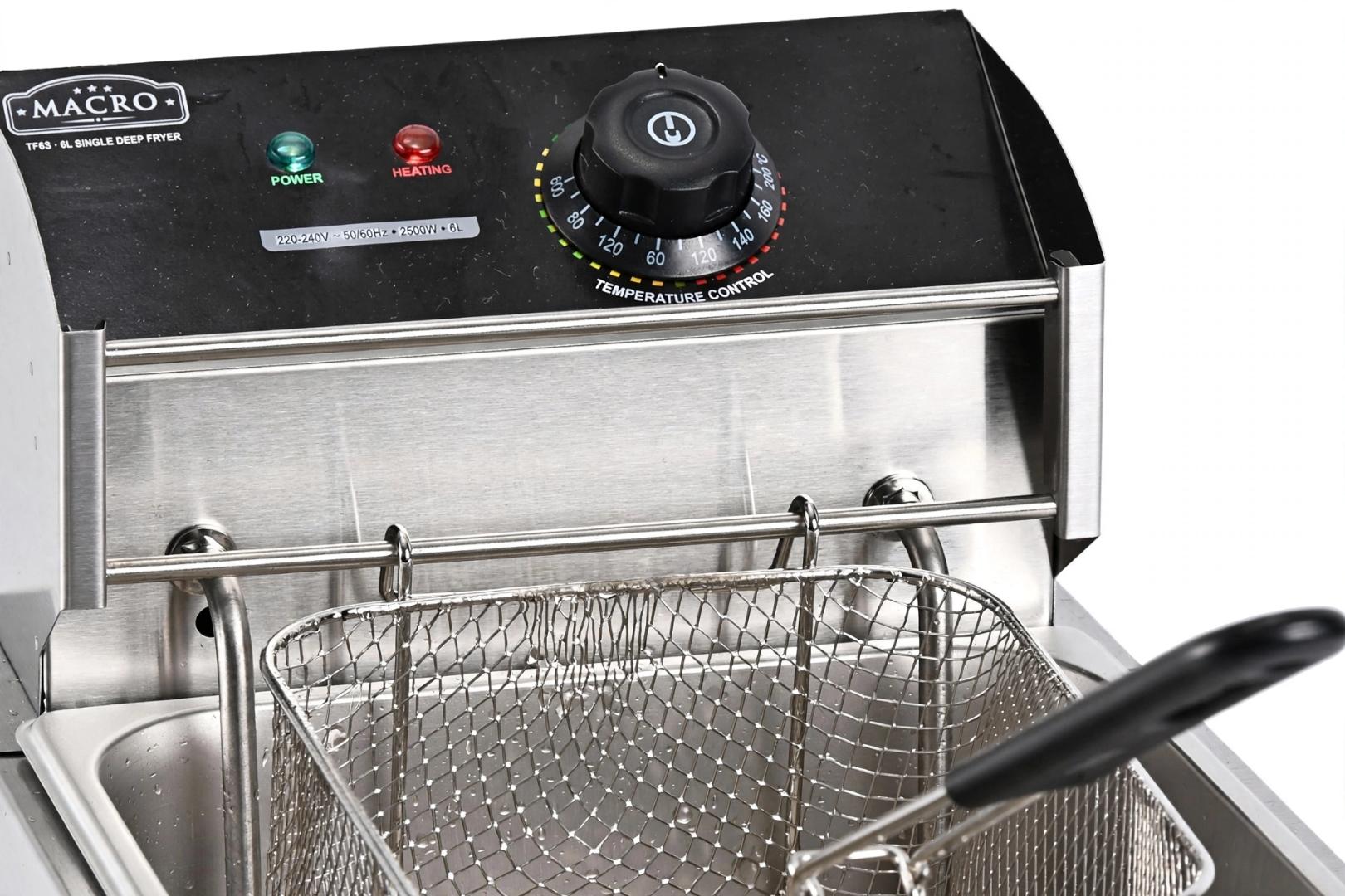 MACRO TF6S 6L Silver Heavy-Duty Food-Grade Stainless Steel Single Tank Electric Deep Fryer with Stainless Steel Basket and Adjustable Temperature Control for Commercial and Home Frying of Chips, Chick