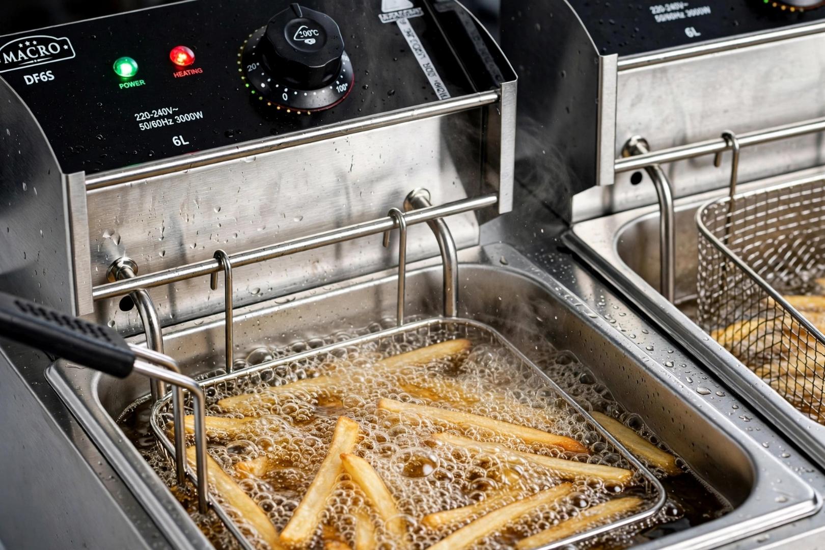 MACRO DF6S 12L (6L+6L) Heavy Duty Food-Grade Stainless Steel Silver Double Tank Deep Fryer with Dual Baskets and Independent Temperature Control for Commercial and Home Use Frying Chips, Chicken, Fish