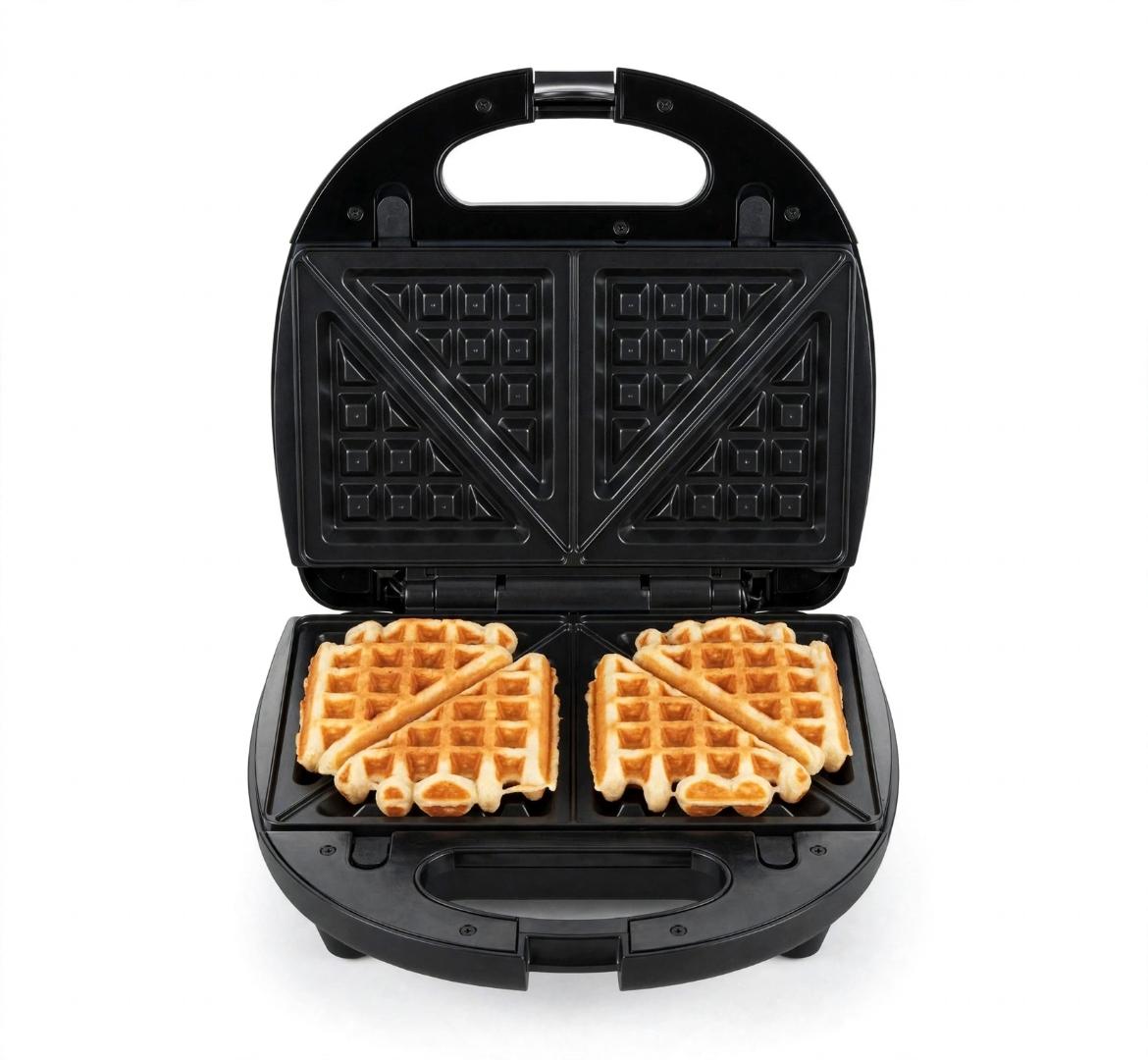 SOKANY Black 750W 3-in-1 sandwich maker with heat-resistant ABS body and non-stick aluminum plates, compact 26cm size for making breakfast sandwich, waffle and panini grill at home.