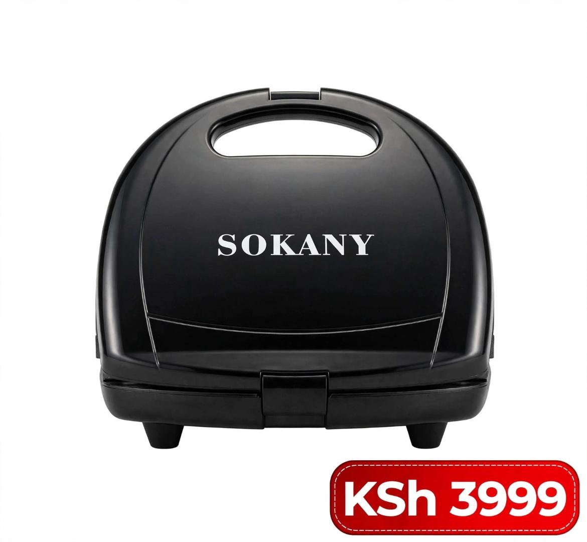 SOKANY Black 750W 3-in-1 sandwich maker with heat-resistant ABS body and non-stick aluminum plates, compact 26cm size for making breakfast sandwich, waffle and panini grill at home.