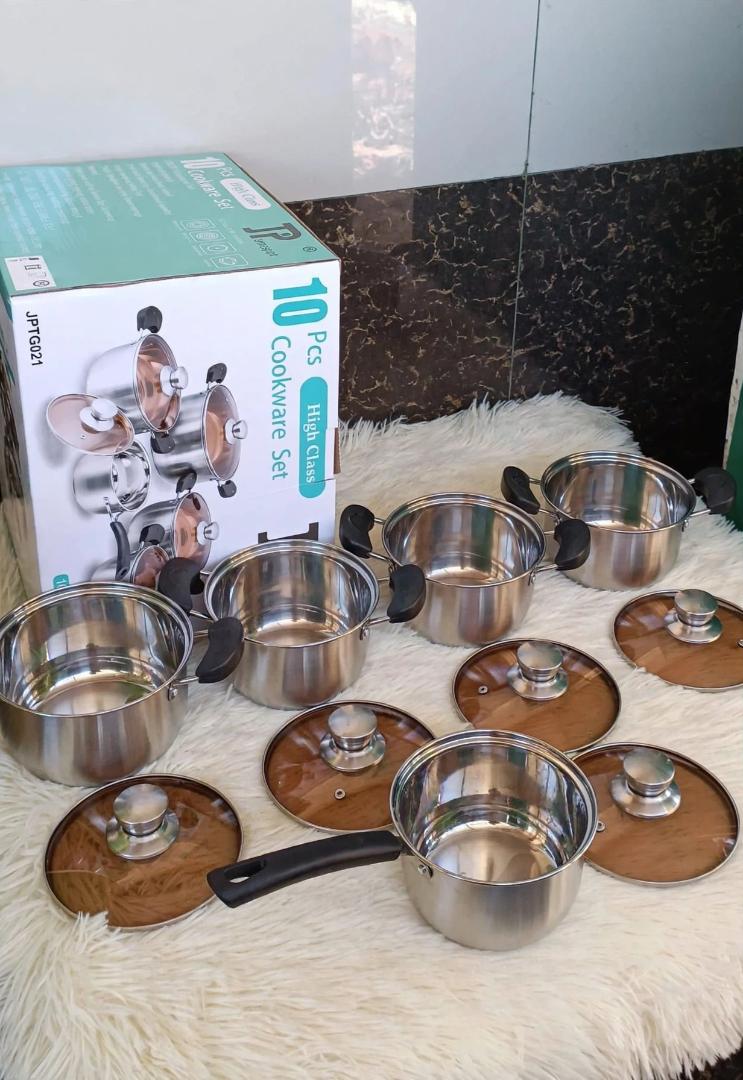JP JAMESPOT Silver Stainless Steel 10 Pcs High Class Cookware Set 16/18/20/22/24cm Cooking Pots Sufuria Set with Glass Lids for Home Kitchen Use JPTG021