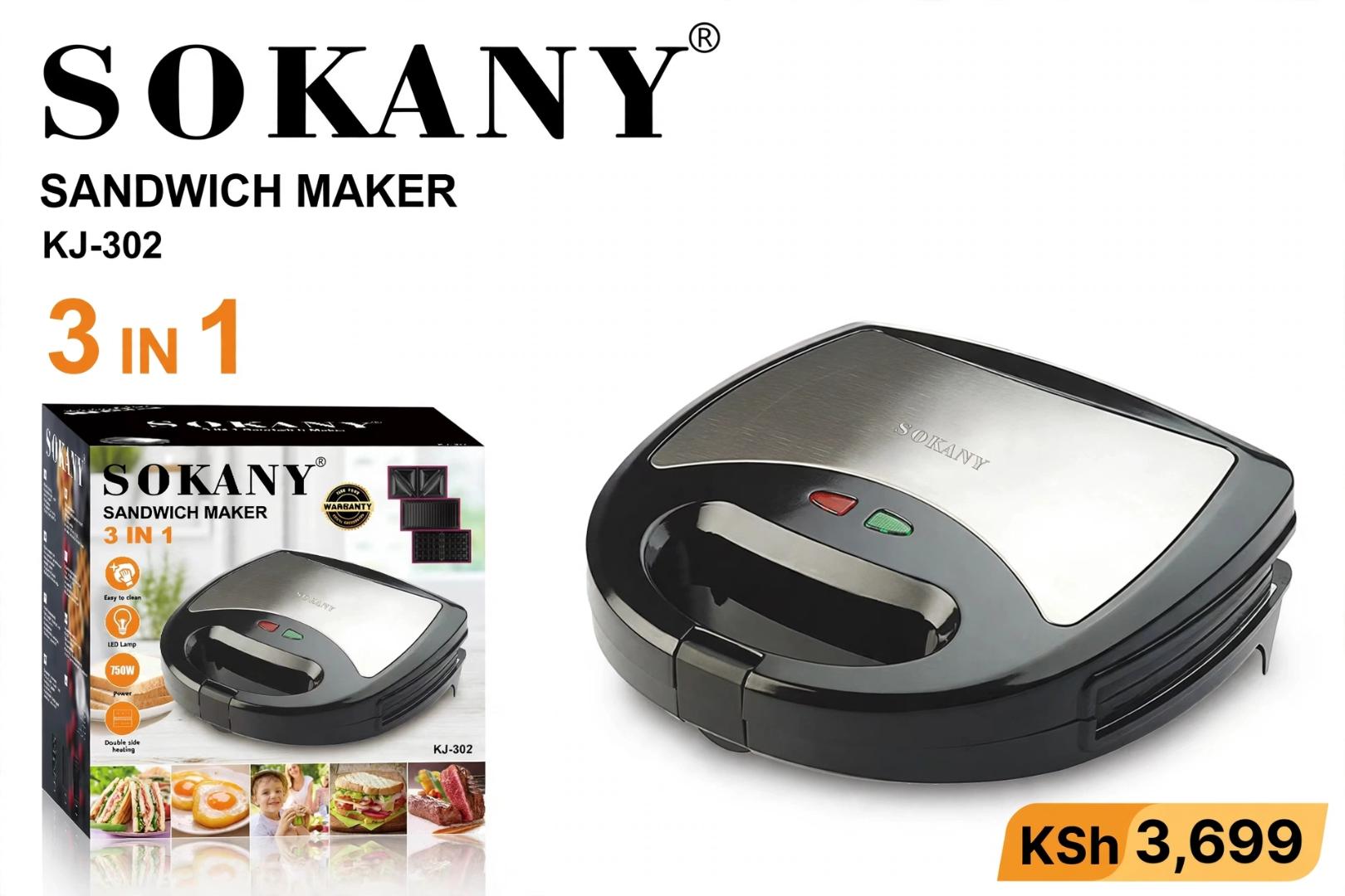 SOKANY Black Stainless Steel 750W 3 in 1 Non-Stick Sandwich, Waffle and Grill Maker for Breakfast, Panini and Waffle Toasting