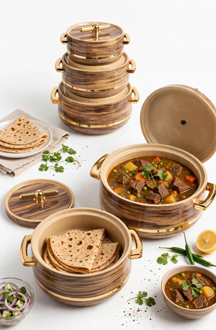 Gold Star Woodgrain Gold Beige Brown ABS Outer Stainless Steel Inner PU Insulated 4Pcs Thermal Hotpot Set 1L 1.5L 2.5L 3.5L Food Warmer Casserole Serving Container Dish for Rice Ugali Chapati Stew Hom