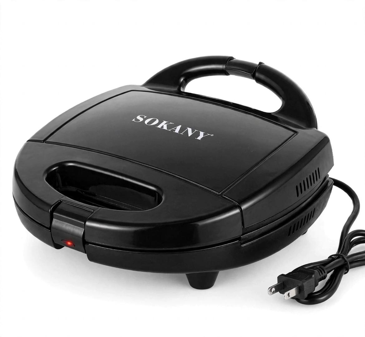 SOKANY Black 750W 3-in-1 sandwich maker with heat-resistant ABS body and non-stick aluminum plates, compact 26cm size for making breakfast sandwich, waffle and panini grill at home.