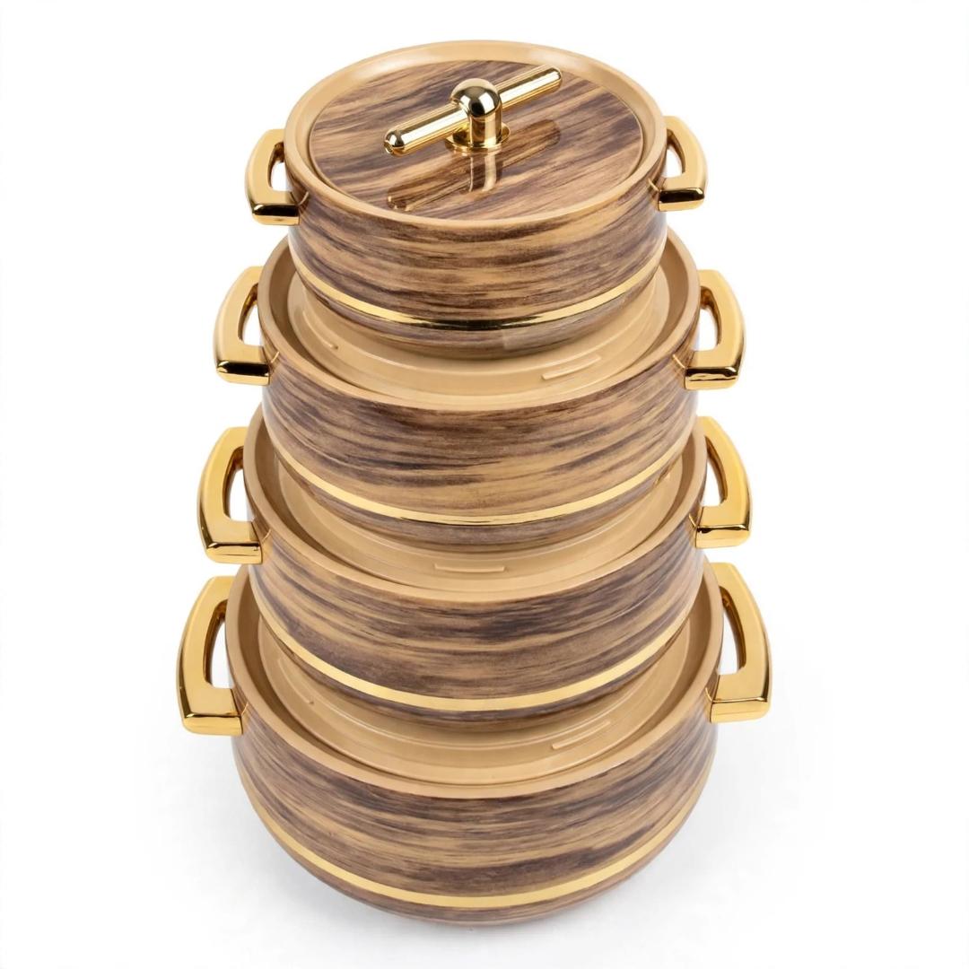 Gold Star Woodgrain Gold Beige Brown ABS Outer Stainless Steel Inner PU Insulated 4Pcs Thermal Hotpot Set 1L 1.5L 2.5L 3.5L Food Warmer Casserole Serving Container Dish for Rice Ugali Chapati Stew Hom