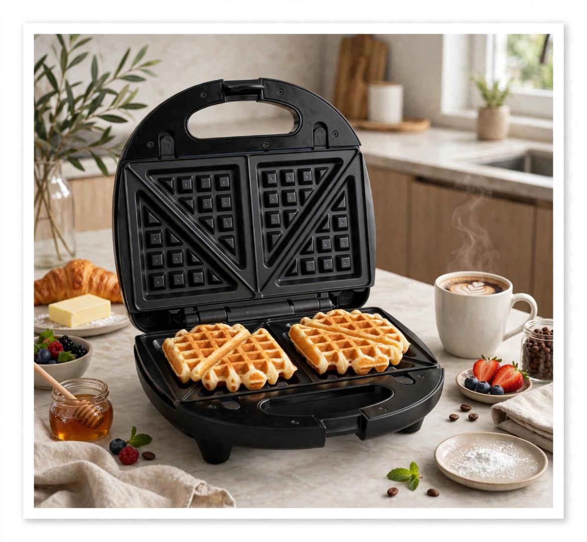 SOKANY Black 750W 3-in-1 sandwich maker with heat-resistant ABS body and non-stick aluminum plates, compact 26cm size for making breakfast sandwich, waffle and panini grill at home.