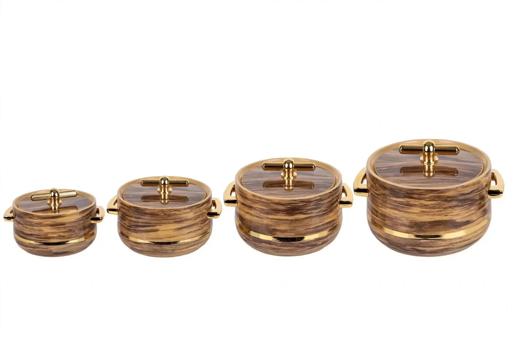Gold Star Woodgrain Gold Beige Brown ABS Outer Stainless Steel Inner PU Insulated 4Pcs Thermal Hotpot Set 1L 1.5L 2.5L 3.5L Food Warmer Casserole Serving Container Dish for Rice Ugali Chapati Stew Hom