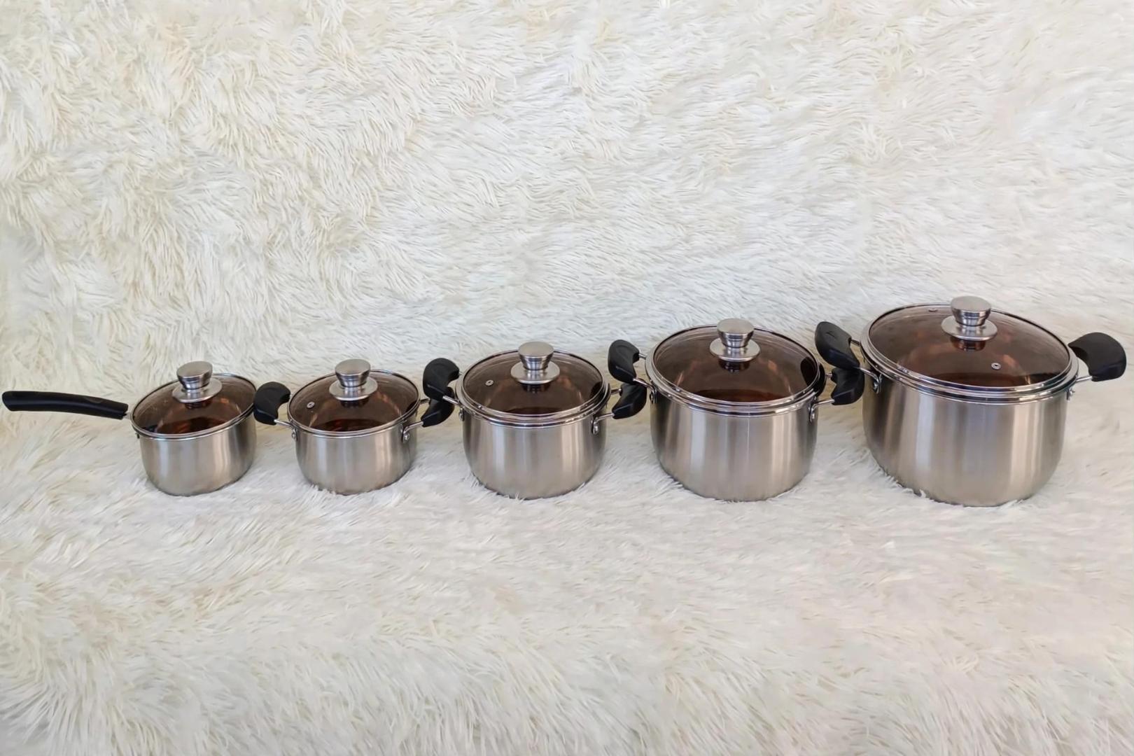 JP JAMESPOT Silver Stainless Steel 10 Pcs High Class Cookware Set 16/18/20/22/24cm Cooking Pots Sufuria Set with Glass Lids for Home Kitchen Use JPTG021