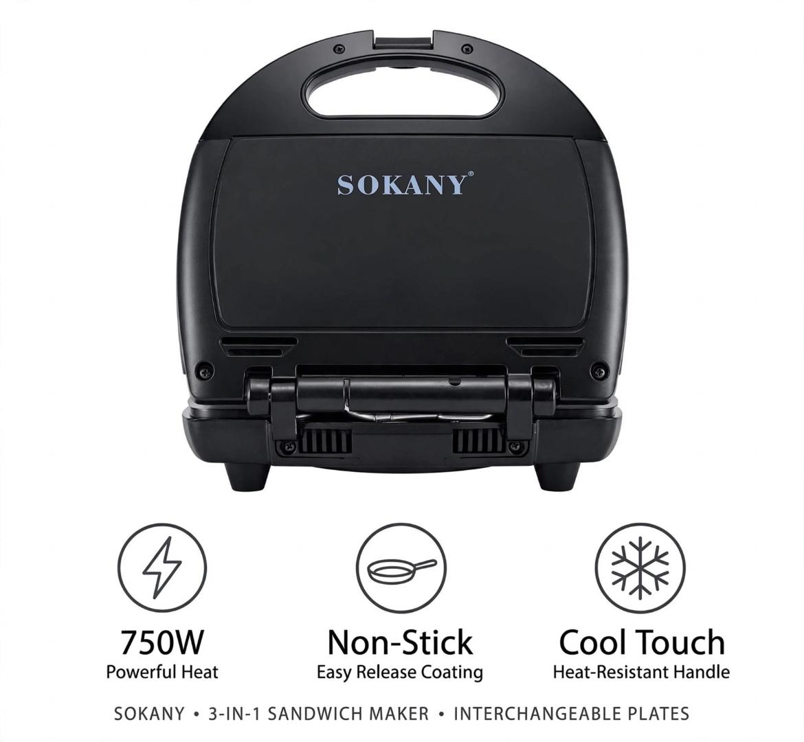 SOKANY Black 750W 3-in-1 sandwich maker with heat-resistant ABS body and non-stick aluminum plates, compact 26cm size for making breakfast sandwich, waffle and panini grill at home.