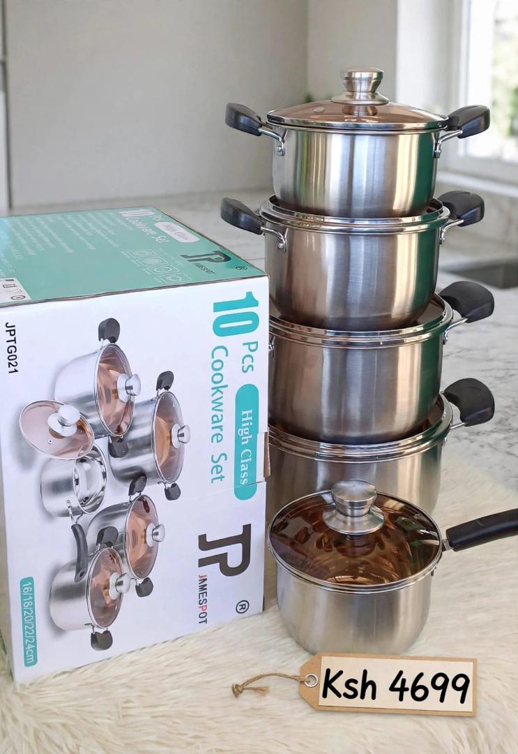 JP JAMESPOT Silver Stainless Steel 10 Pcs High Class Cookware Set 16/18/20/22/24cm Cooking Pots Sufuria Set with Glass Lids for Home Kitchen Use JPTG021