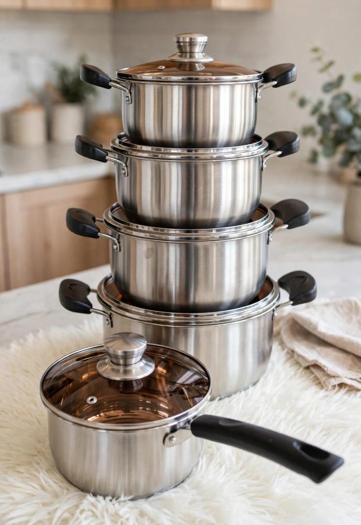 JP JAMESPOT Silver Stainless Steel 10 Pcs High Class Cookware Set 16/18/20/22/24cm Cooking Pots Sufuria Set with Glass Lids for Home Kitchen Use JPTG021
