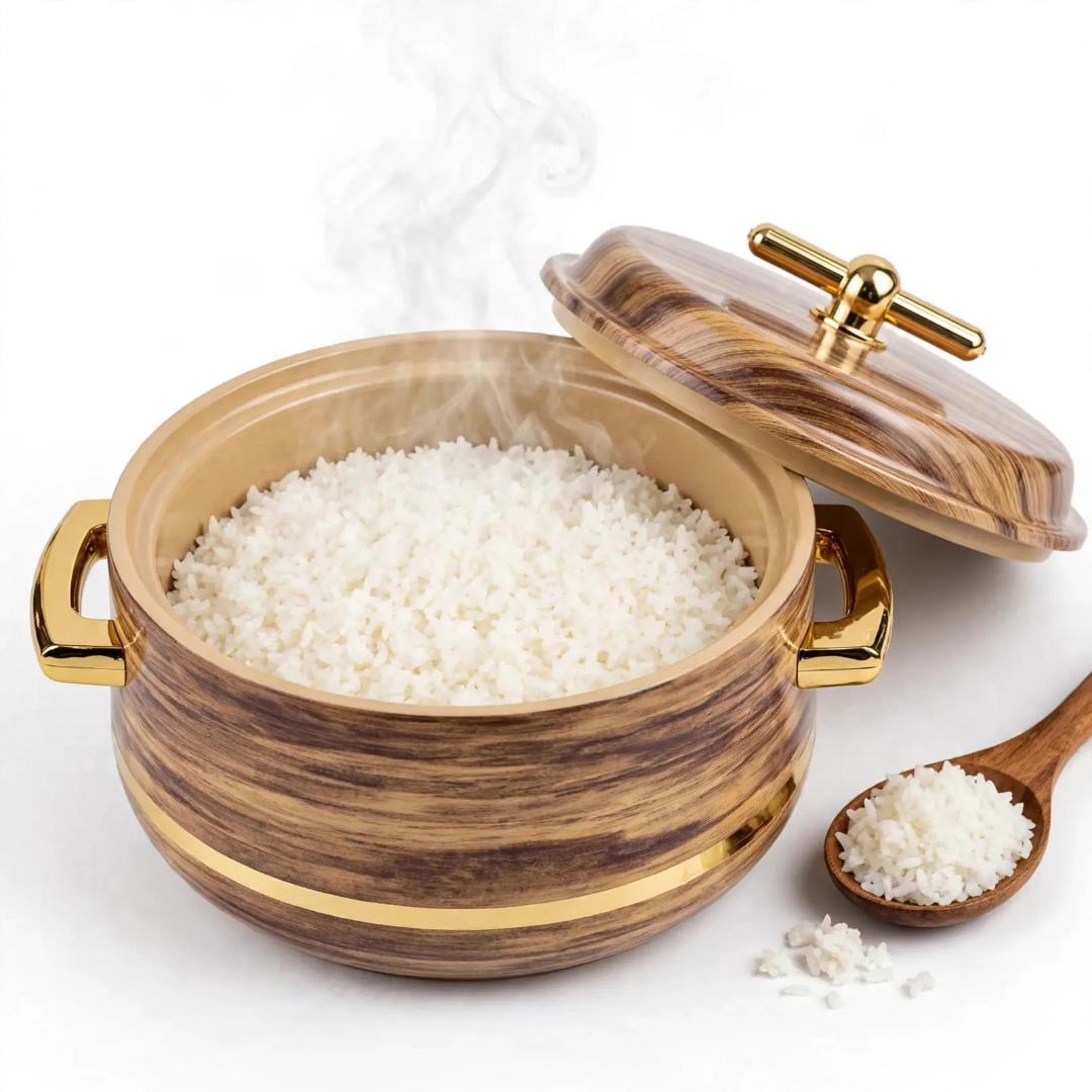 Gold Star Woodgrain Gold Beige Brown ABS Outer Stainless Steel Inner PU Insulated 4Pcs Thermal Hotpot Set 1L 1.5L 2.5L 3.5L Food Warmer Casserole Serving Container Dish for Rice Ugali Chapati Stew Hom