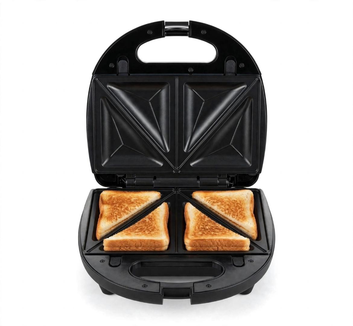 SOKANY Black 750W 3-in-1 sandwich maker with heat-resistant ABS body and non-stick aluminum plates, compact 26cm size for making breakfast sandwich, waffle and panini grill at home.