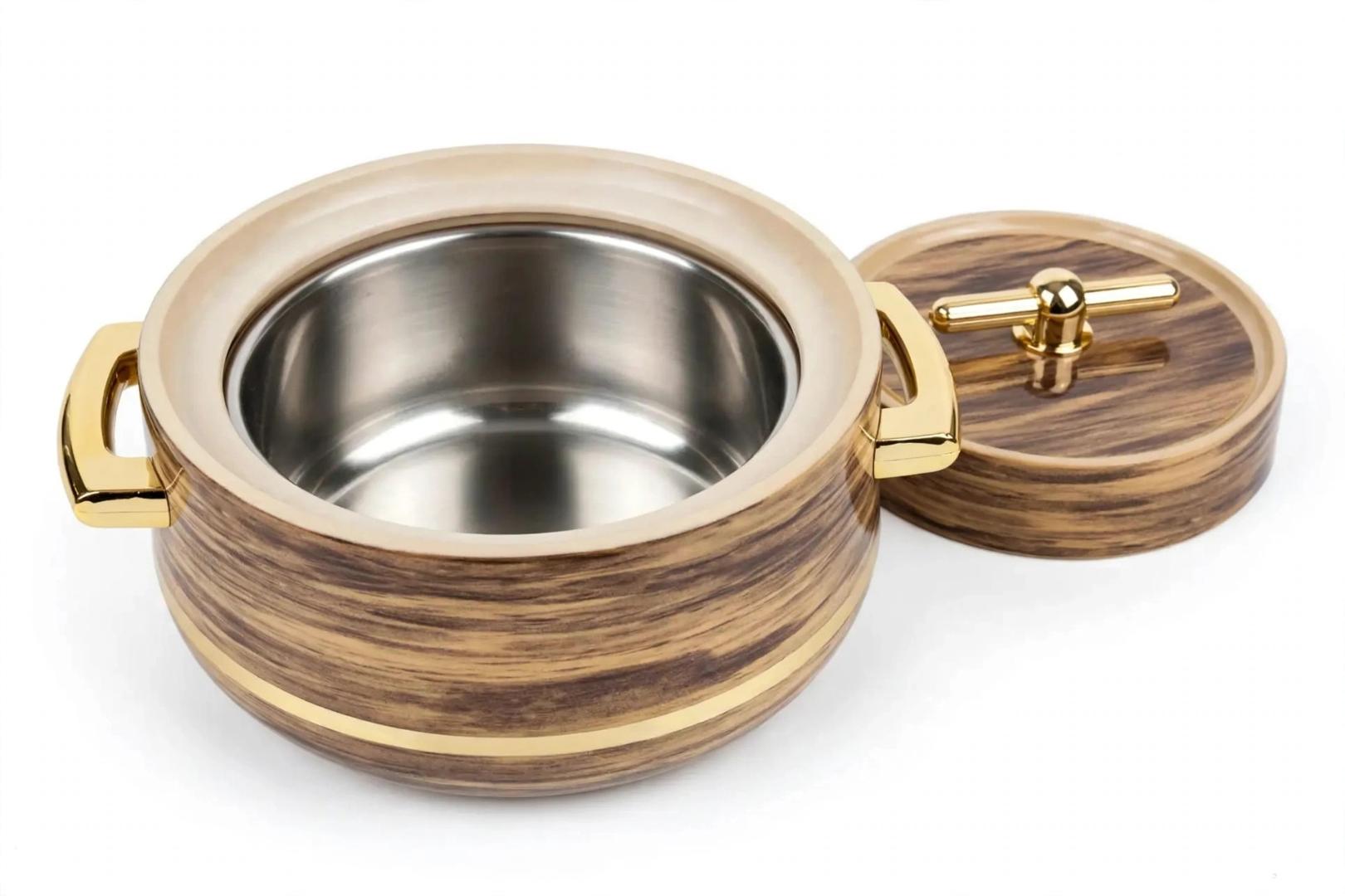 Gold Star Woodgrain Gold Beige Brown ABS Outer Stainless Steel Inner PU Insulated 4Pcs Thermal Hotpot Set 1L 1.5L 2.5L 3.5L Food Warmer Casserole Serving Container Dish for Rice Ugali Chapati Stew Hom