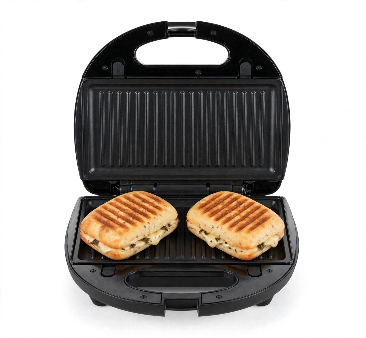 SOKANY Black 750W 3-in-1 sandwich maker with heat-resistant ABS body and non-stick aluminum plates, compact 26cm size for making breakfast sandwich, waffle and panini grill at home.