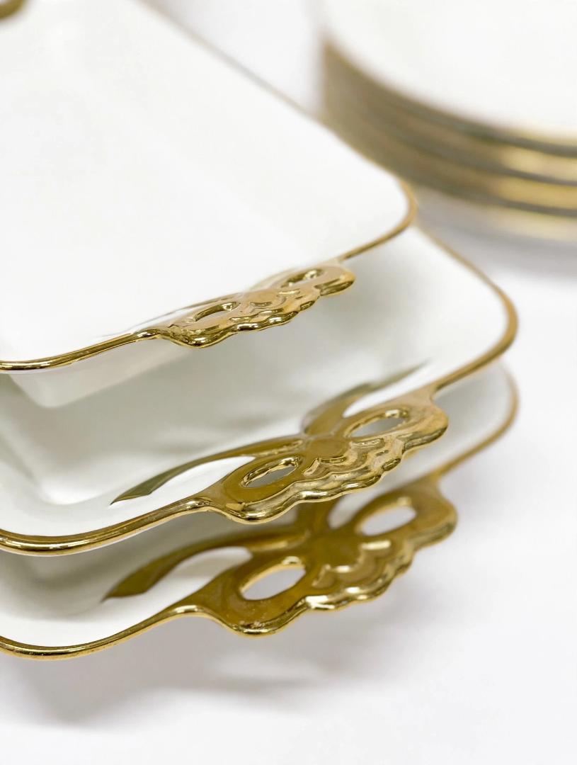 3 Pcs White Ceramic Rectangular Serving Trays Set with Gold Rim and Gold Bow Handles Large Medium Small Sizes for Fruit Snacks Dessert Appetizers Serving