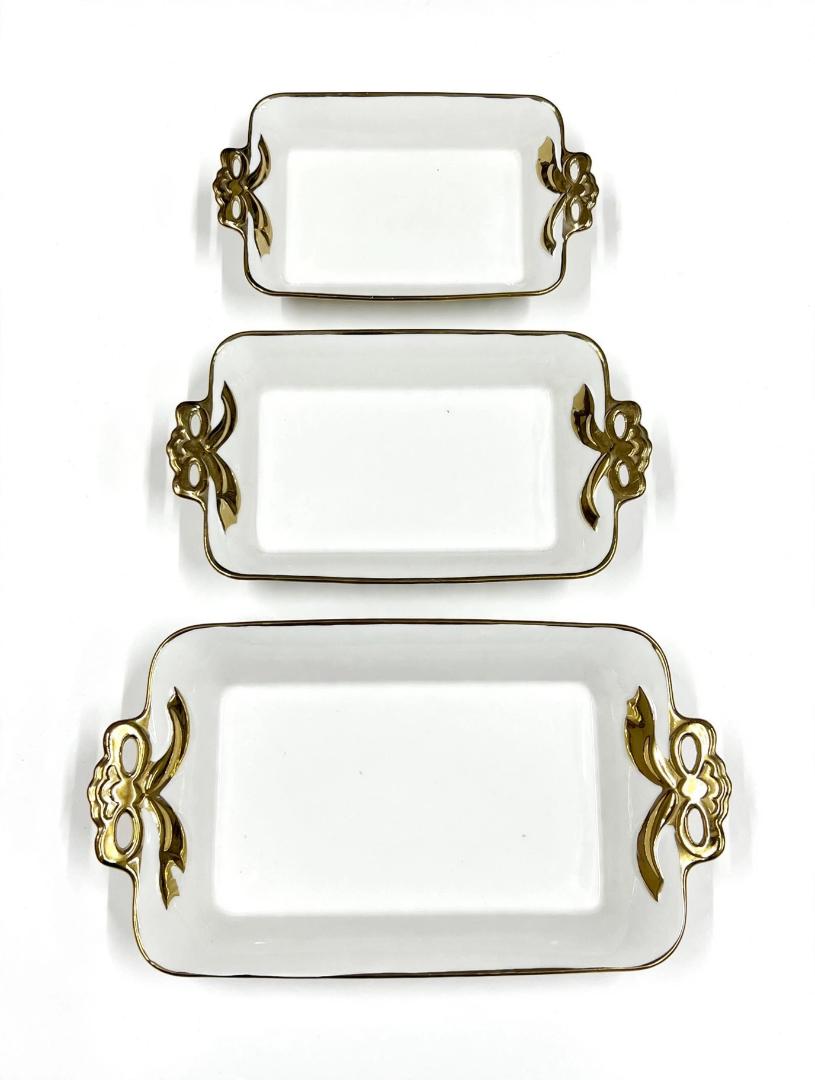 3 Pcs White Ceramic Rectangular Serving Trays Set with Gold Rim and Gold Bow Handles Large Medium Small Sizes for Fruit Snacks Dessert Appetizers Serving