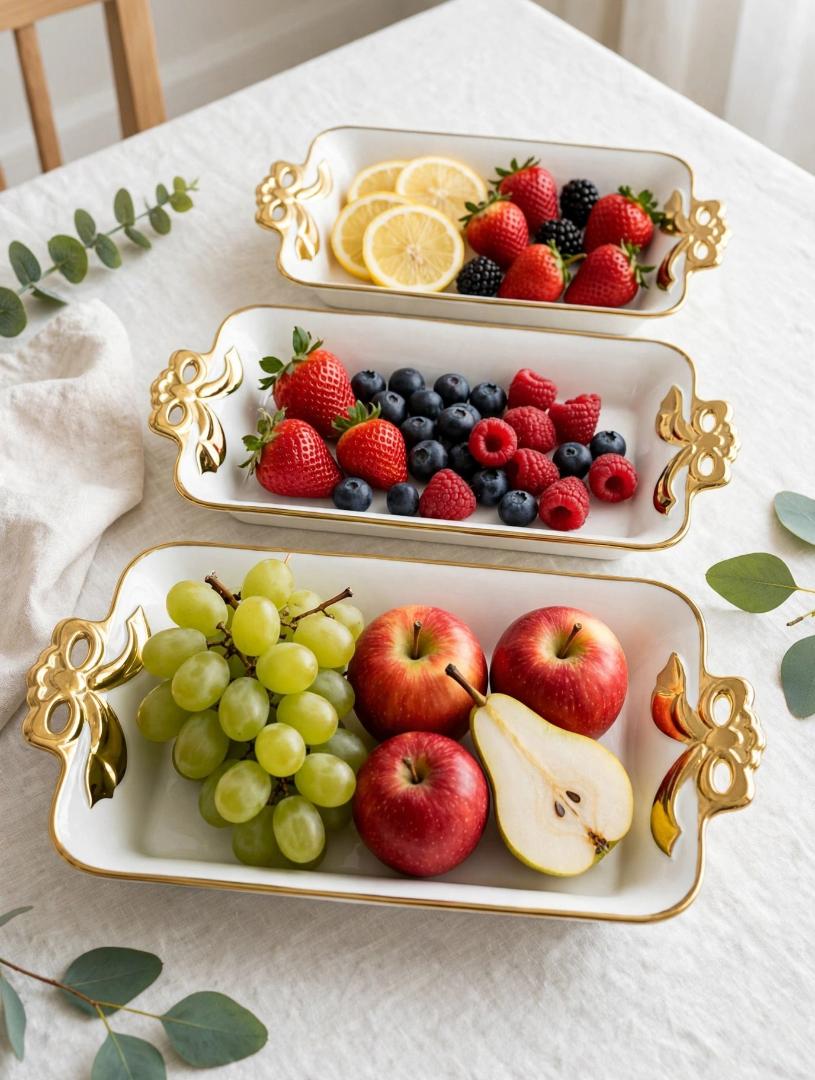 3 Pcs White Ceramic Rectangular Serving Trays Set with Gold Rim and Gold Bow Handles Large Medium Small Sizes for Fruit Snacks Dessert Appetizers Serving