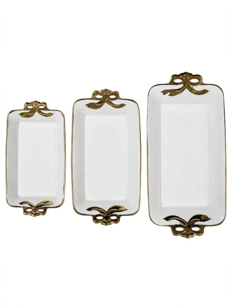 3 Pcs White Ceramic Rectangular Serving Trays Set with Gold Rim and Gold Bow Handles Large Medium Small Sizes for Fruit Snacks Dessert Appetizers Serving