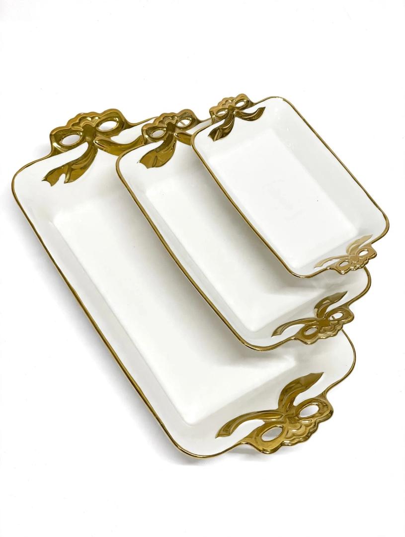 3 Pcs White Ceramic Rectangular Serving Trays Set with Gold Rim and Gold Bow Handles Large Medium Small Sizes for Fruit Snacks Dessert Appetizers Serving