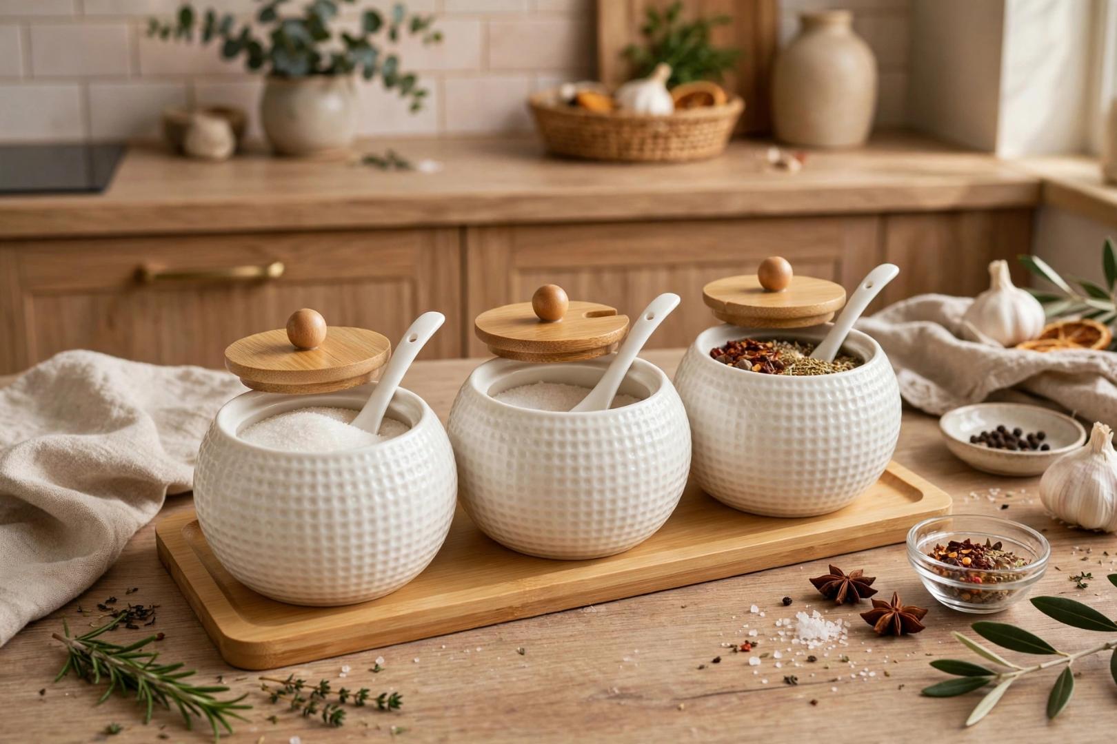 3 Pcs White Ceramic Dotted Embossed Sugar Canisters Set with Bamboo Lids and Ceramic Spoons on Bamboo Base Tray 300ml per Jar for Sugar Salt Spices Seasoning Storage