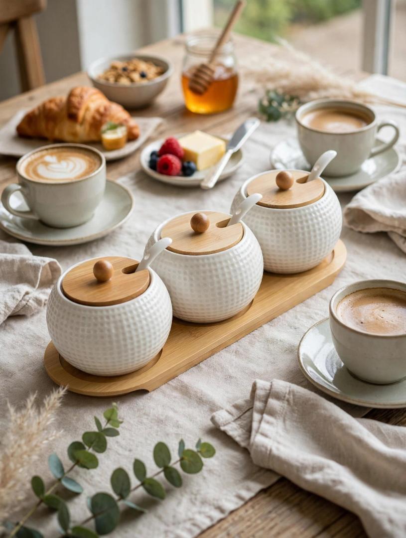 3 Pcs White Ceramic Dotted Embossed Sugar Canisters Set with Bamboo Lids and Ceramic Spoons on Bamboo Base Tray 300ml per Jar for Sugar Salt Spices Seasoning Storage