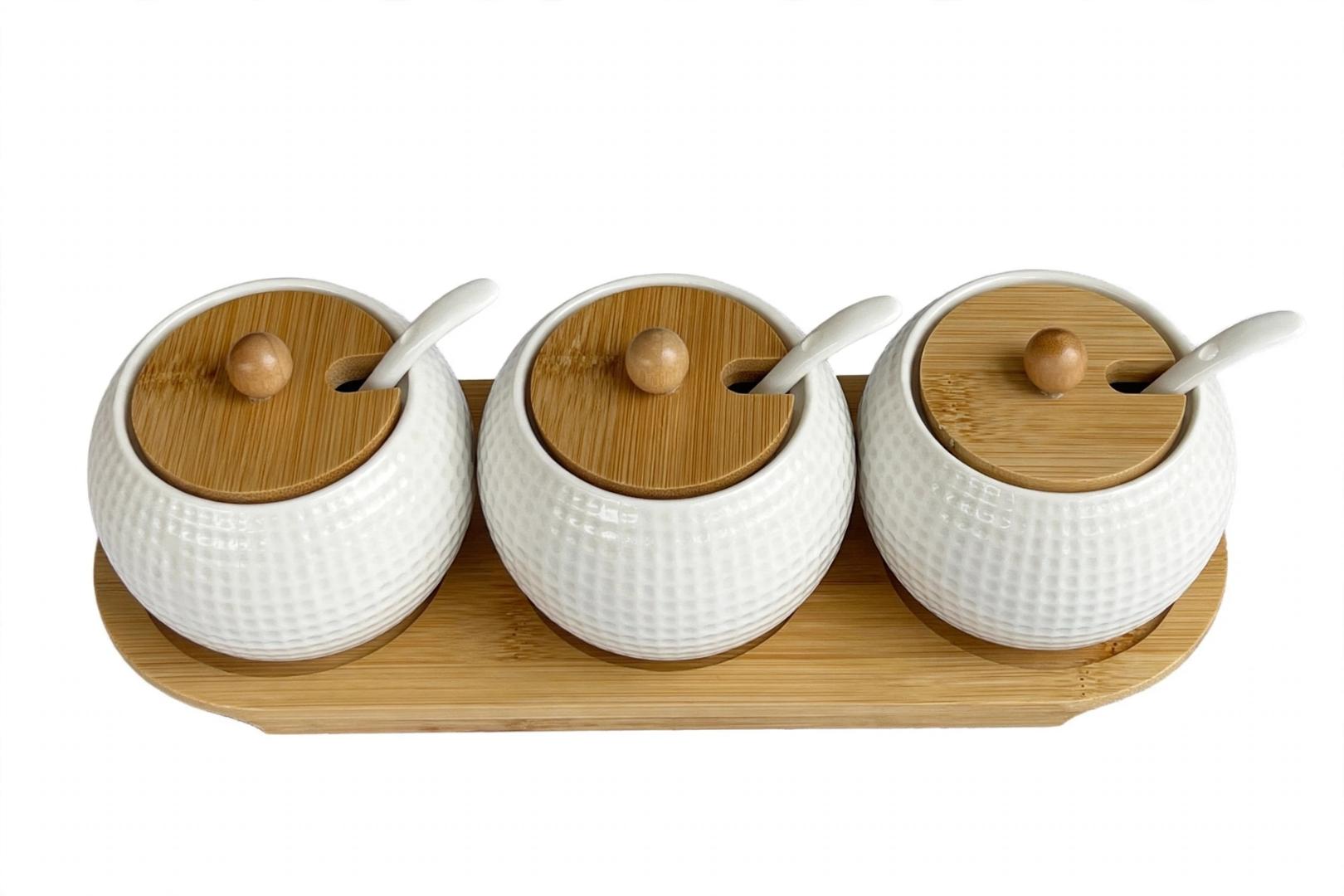 3 Pcs White Ceramic Dotted Embossed Sugar Canisters Set with Bamboo Lids and Ceramic Spoons on Bamboo Base Tray 300ml per Jar for Sugar Salt Spices Seasoning Storage