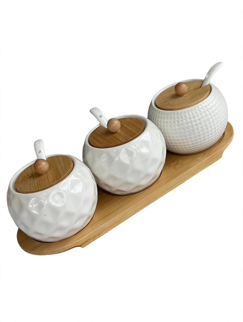 3 Pcs White Ceramic Dotted Embossed Sugar Canisters Set with Bamboo Lids and Ceramic Spoons on Bamboo Base Tray 300ml per Jar for Sugar Salt Spices Seasoning Storage