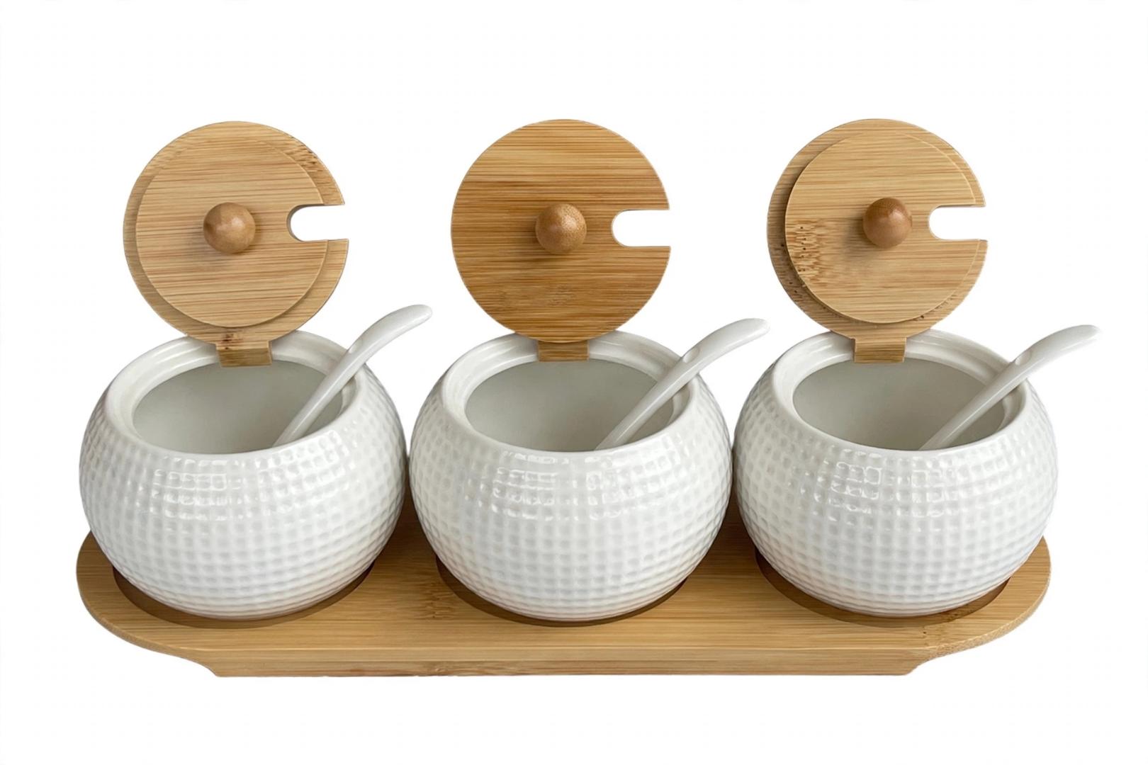 3 Pcs White Ceramic Dotted Embossed Sugar Canisters Set with Bamboo Lids and Ceramic Spoons on Bamboo Base Tray 300ml per Jar for Sugar Salt Spices Seasoning Storage