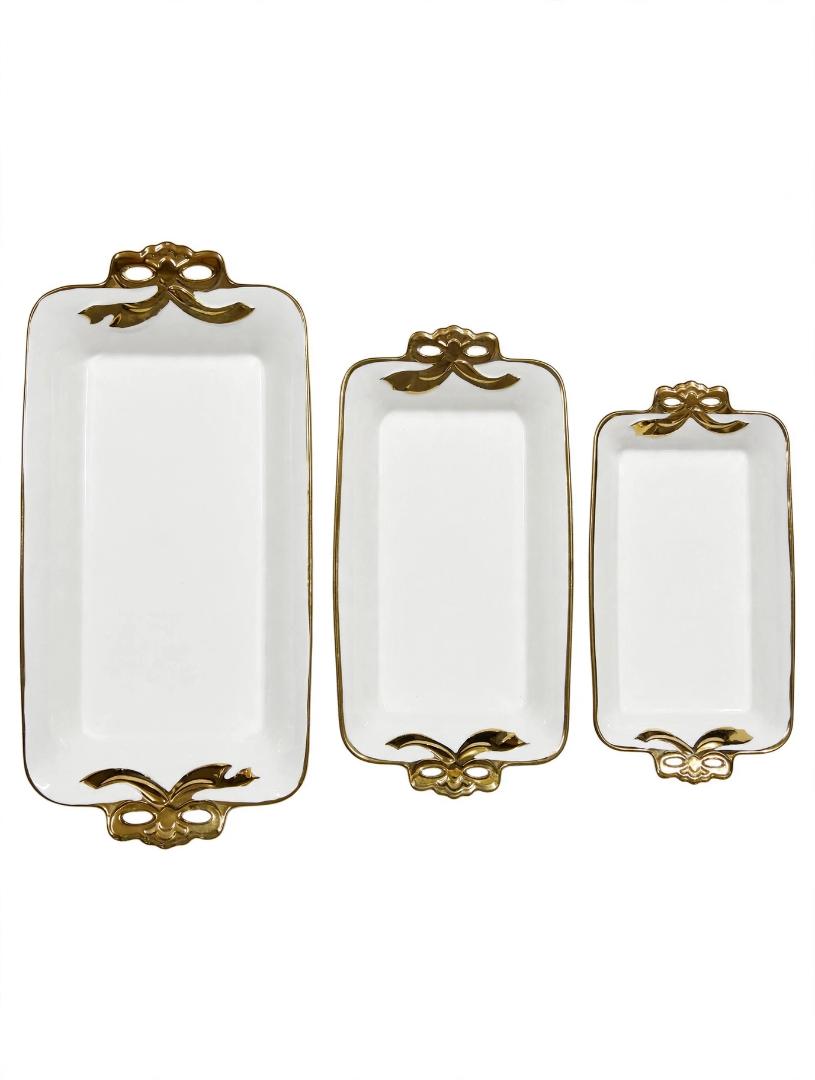 3 Pcs White Ceramic Rectangular Serving Trays Set with Gold Rim and Gold Bow Handles Large Medium Small Sizes for Fruit Snacks Dessert Appetizers Serving
