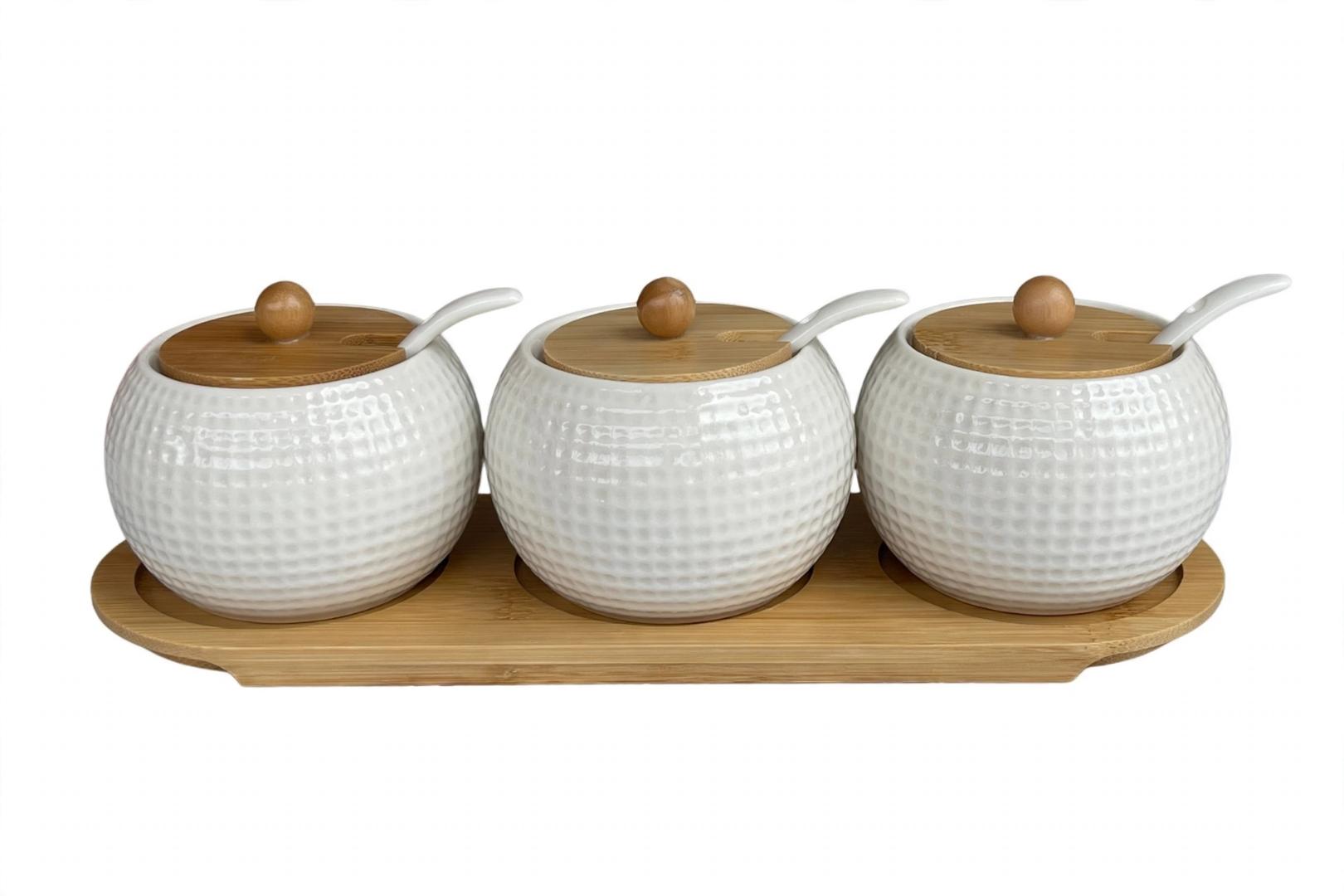3 Pcs White Ceramic Dotted Embossed Sugar Canisters Set with Bamboo Lids and Ceramic Spoons on Bamboo Base Tray 300ml per Jar for Sugar Salt Spices Seasoning Storage