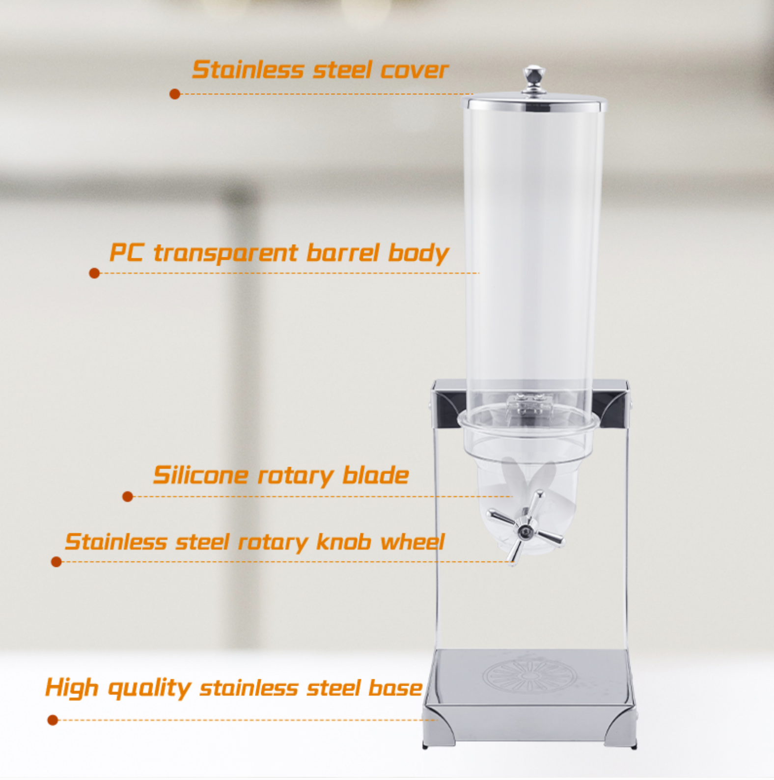 Cereal Dispenser, Stainless Steel Stand Dry Food Dispenser For Buffet Clear PC Container, Anti‑Dust Lid, Twist‑Out Dispensing, Ideal For Hotel Breakfast, Store Dry Grain, Cereal, Nuts, Candies.