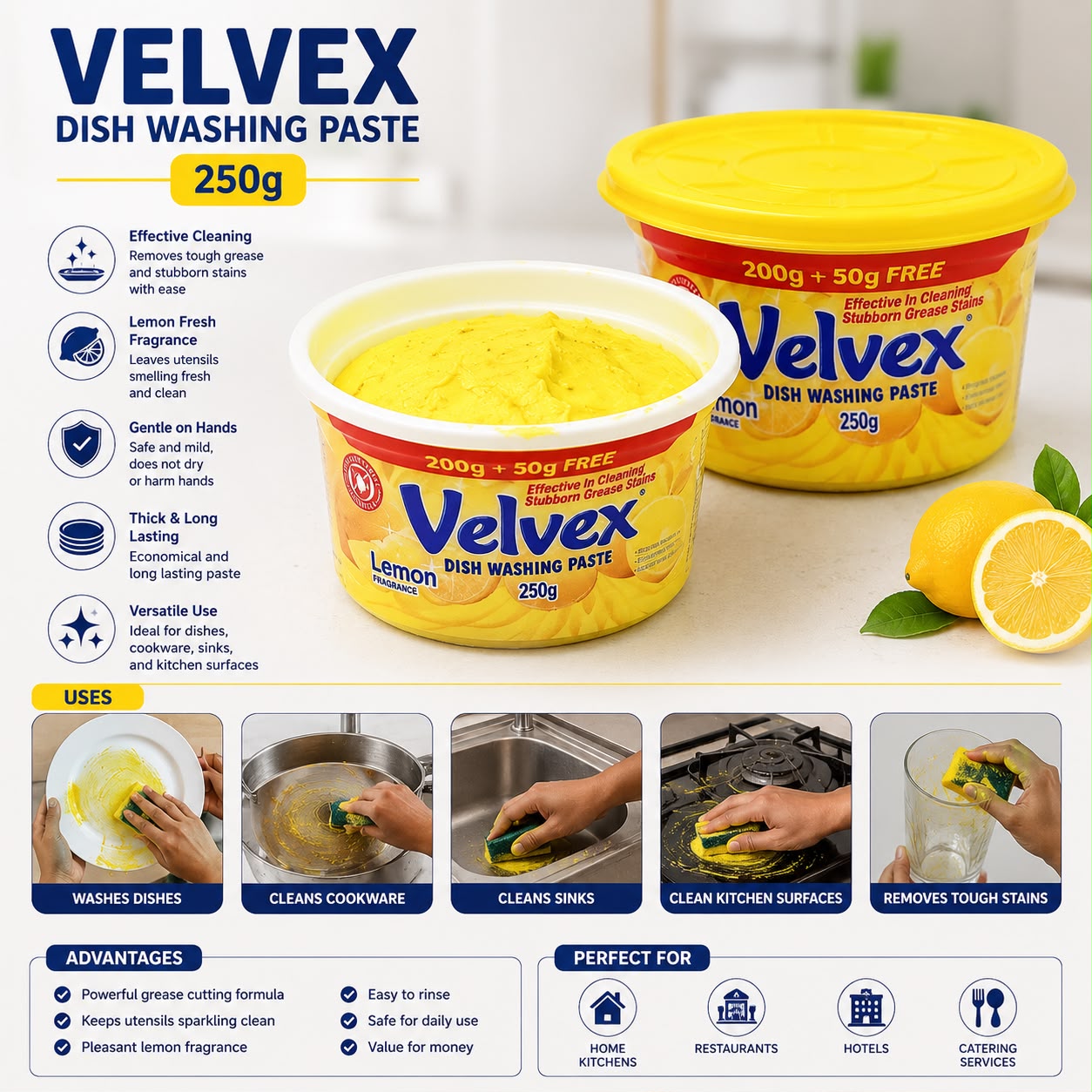 4Pcs Ndovu Sufuria Set + Velvex Dishwashing Paste 250g
Upgrade your kitchen with the practical 4-piece Ndovu sufuria set, perfect for everyday cooking. The set comes with a Velvex Dishwashing Paste 90