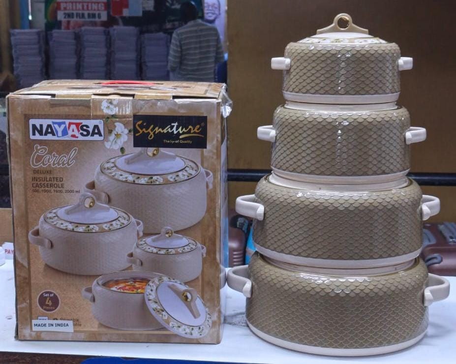 4 Pcs Nayasa Signature Coral Hotpot Set (500ml-2L). Textured scalloped design, floral lid trim & double-wall thermal insulation. Keeps meals warm & fresh.