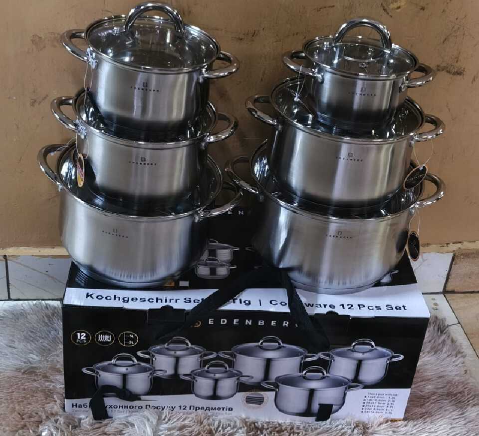 Edenberg EB-4000 12 Pcs stainless steel cookware set. Includes 6 multi-sized casserole pots (1.5L–6.5L), 5-layer induction thermal base & glass lids.